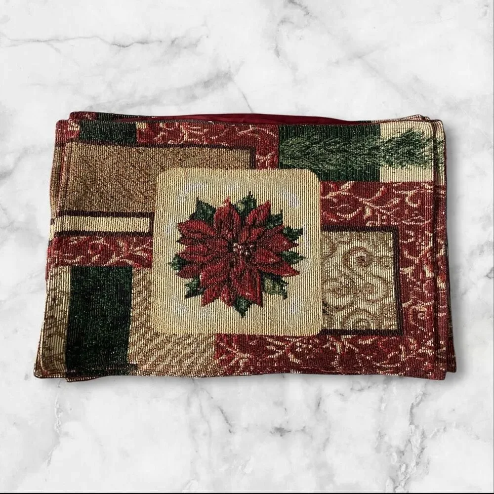 Set of 8 Cloth Metallic Embellished Holiday Poinsettia Placemats 11” x 8” Burgun